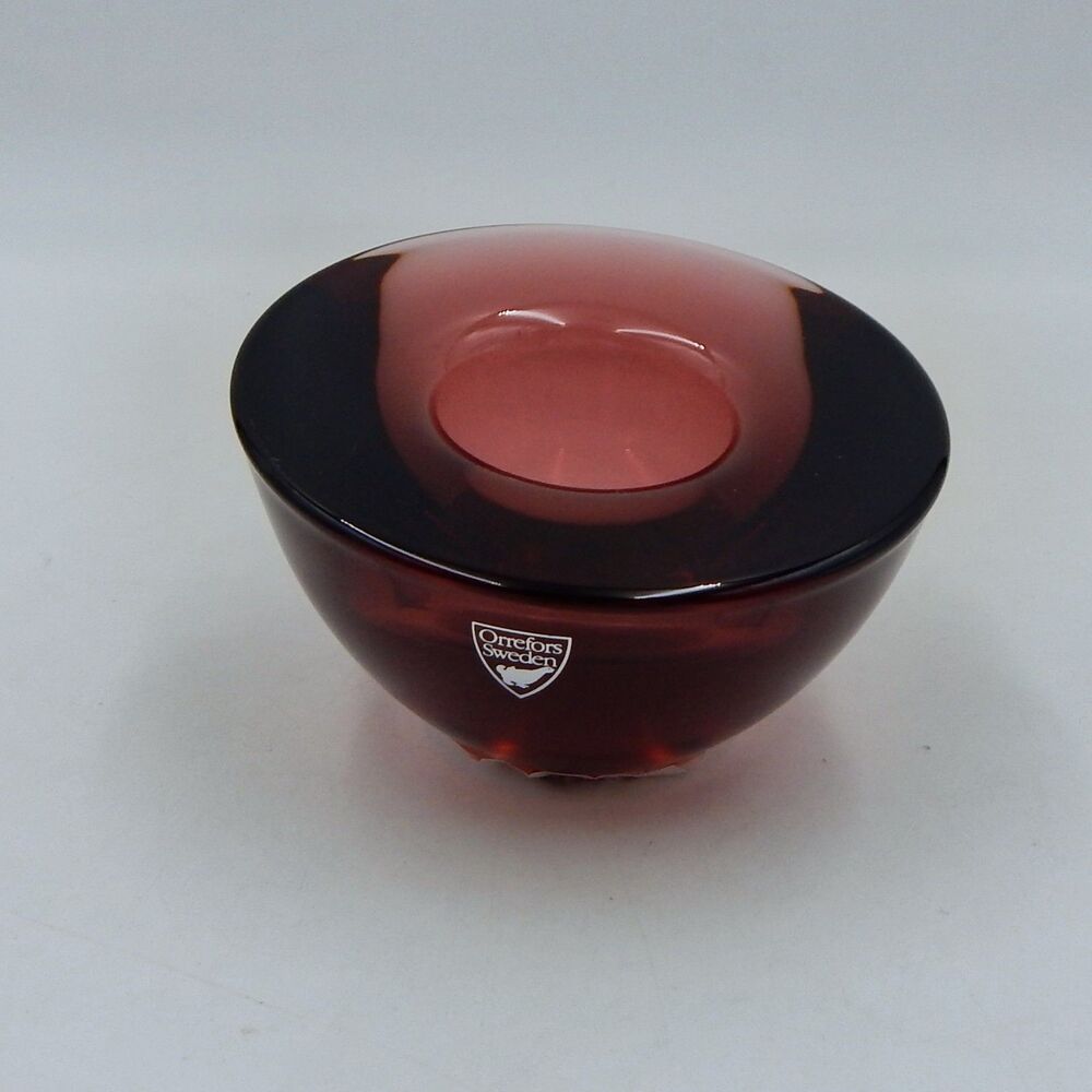 Orrefors Sweden Nordic Light Cranberry Crystal Glass Tealight Lena Bergstrom